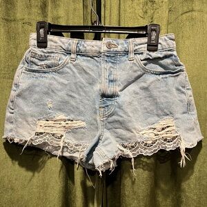Forever 21 Distressed/Ripped Button Fly Cutoff Denim Lace Shorts